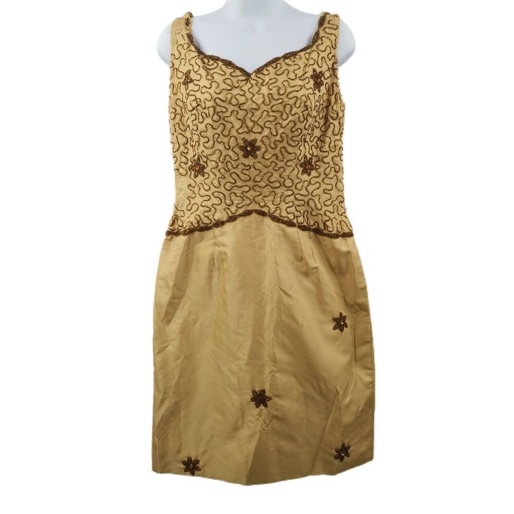 Vintage Gold Embellished Cocktail Dress with Satin Skirt & Back Train - Picture 2 of 9